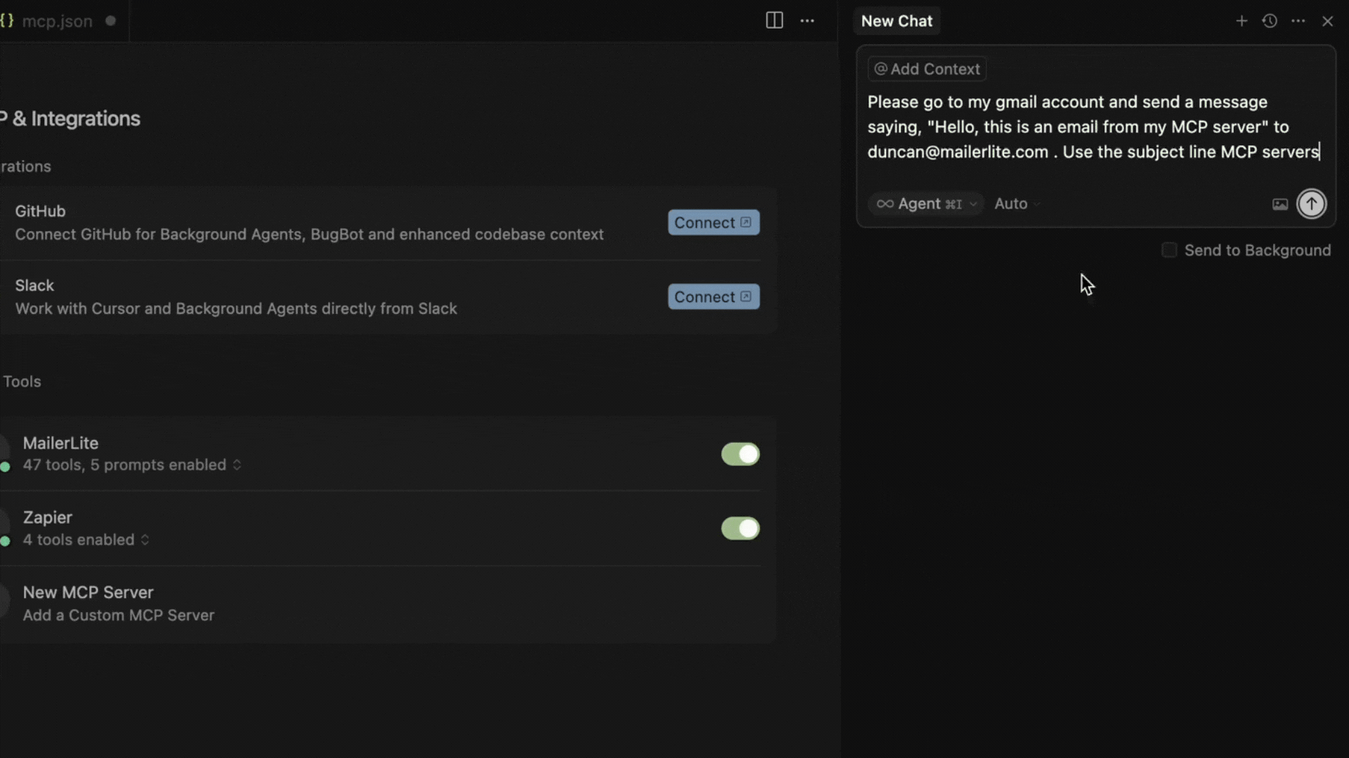 A GIF demonstrating how to send an email via MCP.