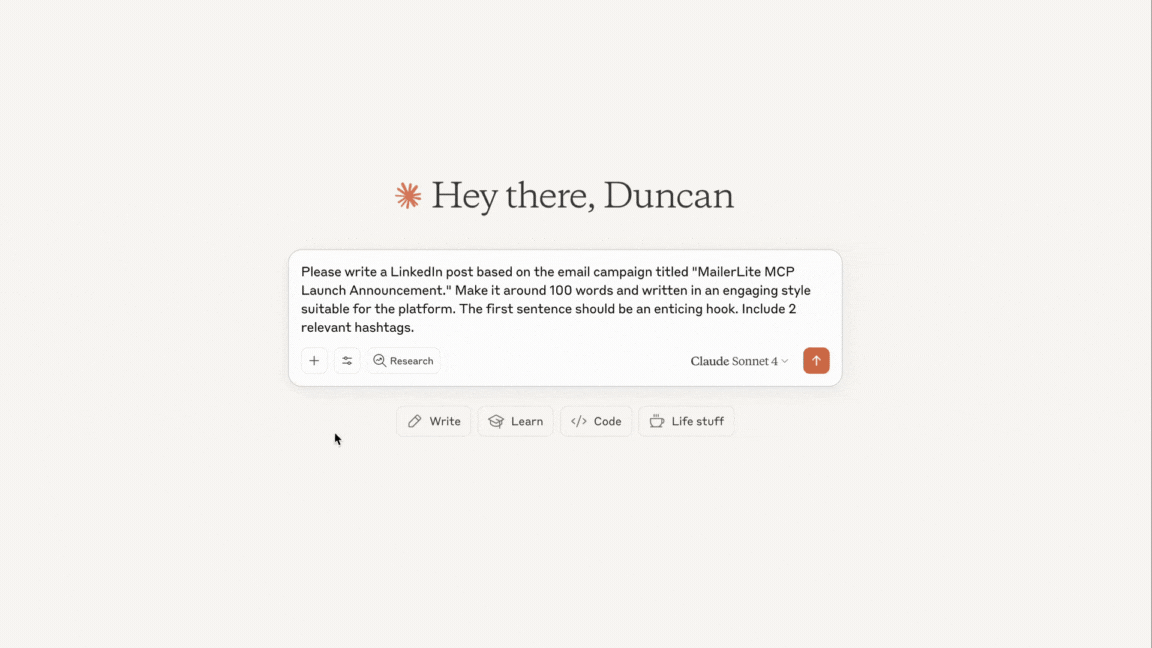 A GIF demonstrating how to repurpose email content with MailerLite MCP and Claude.