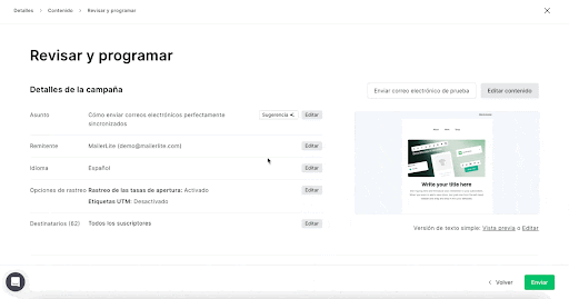 Vista de panel de control de la app de mailerlite