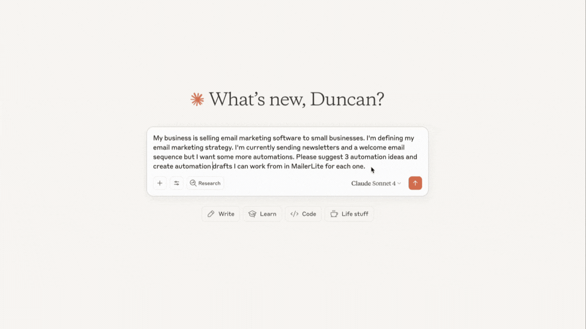 GIF przedstawiający proces wykorzystania serwera MCP MailerLite w Claude do optymalizacji strategii automatyzacji.