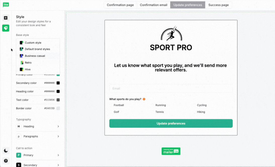 GIF showing brand styles in action on the MailerLite preference center