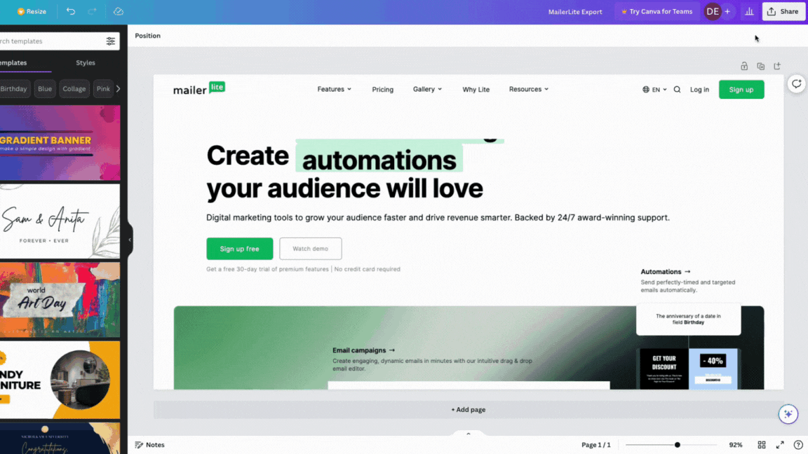 MailerLite Canva integration