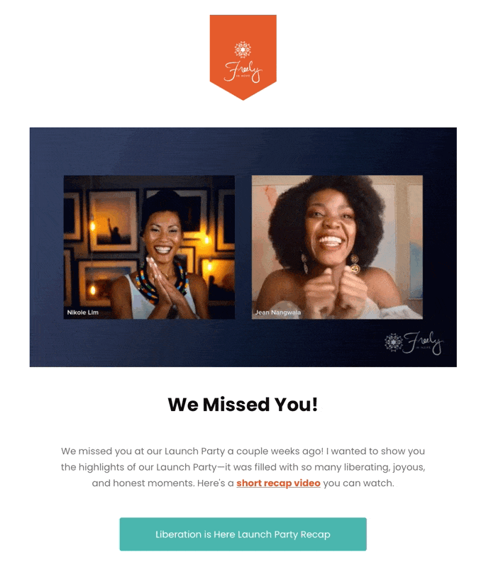 ejemplo de newsletter electrónico Freely in Hope con video y CTA en verde Te Extrañamos