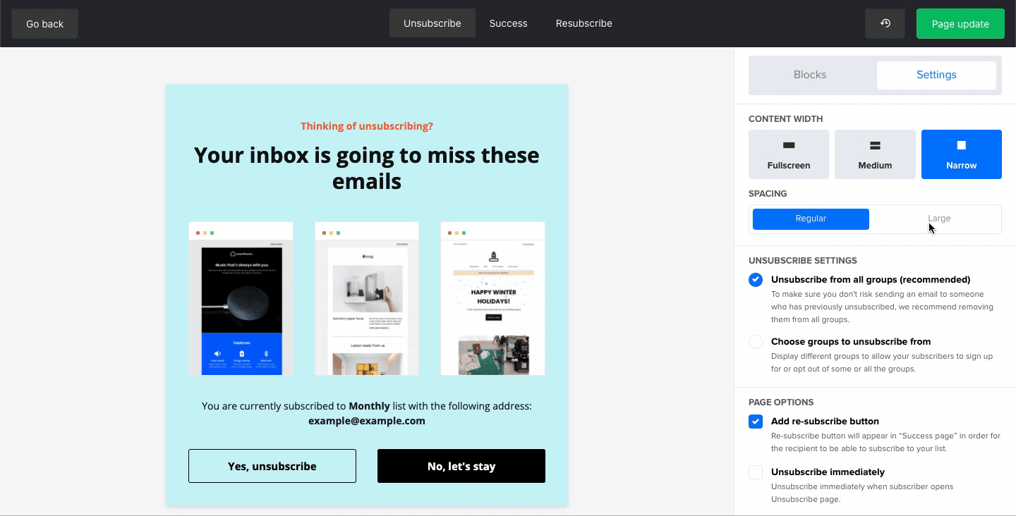 GIF showing different content widths in the builder
