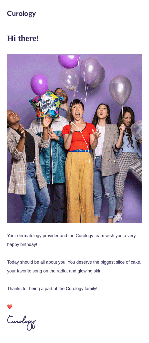 Curology team celebrating customer birthday email