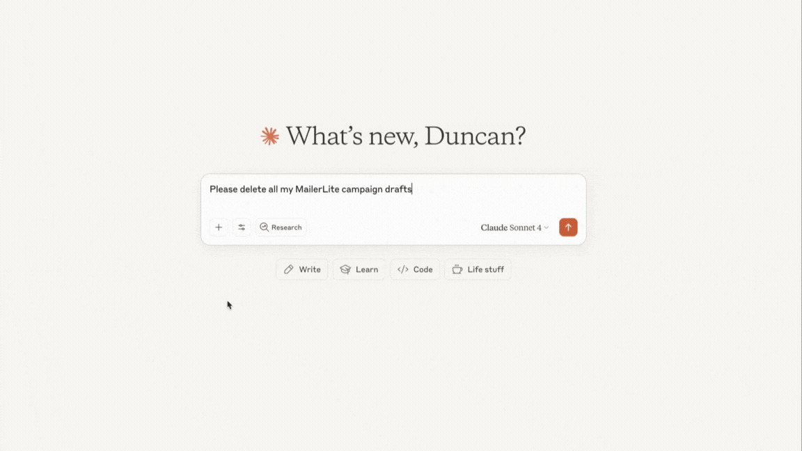 GIF pokazujący proces korzystania z serwera MCP MailerLite w Claude w celu usunięcia szkiców