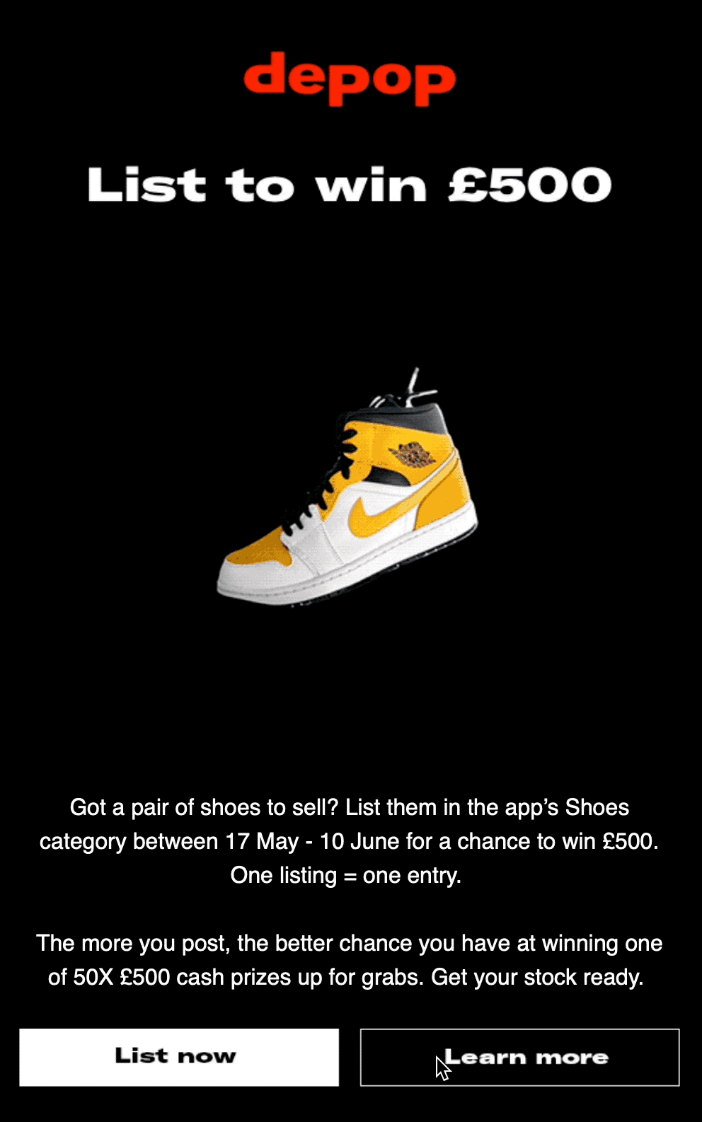 Depop email GIF showing a spinning shoe collection