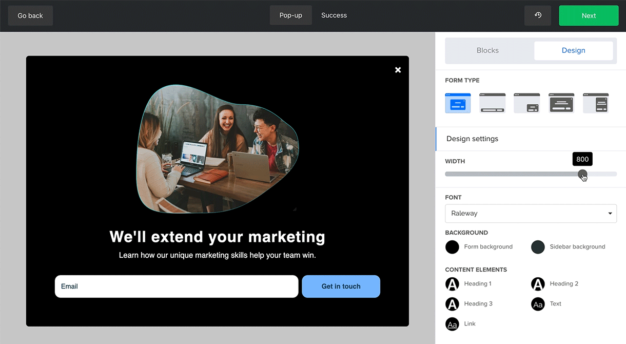 Design settings in MailerLite pop-up builder