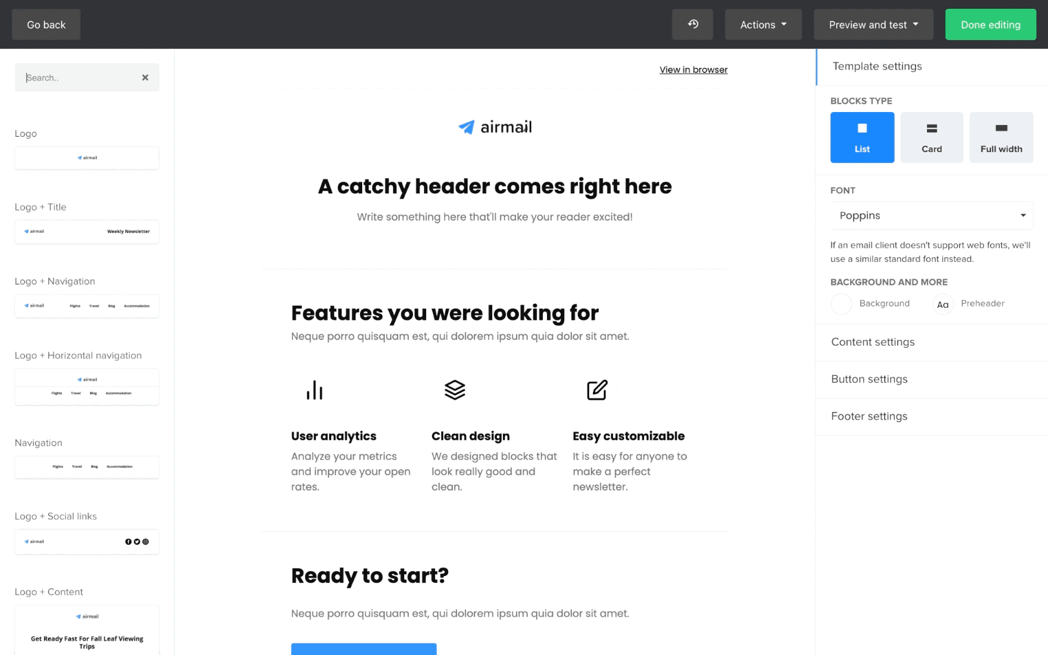 GIF que muestra el bloque de cupón por email en el editor de MailerLite