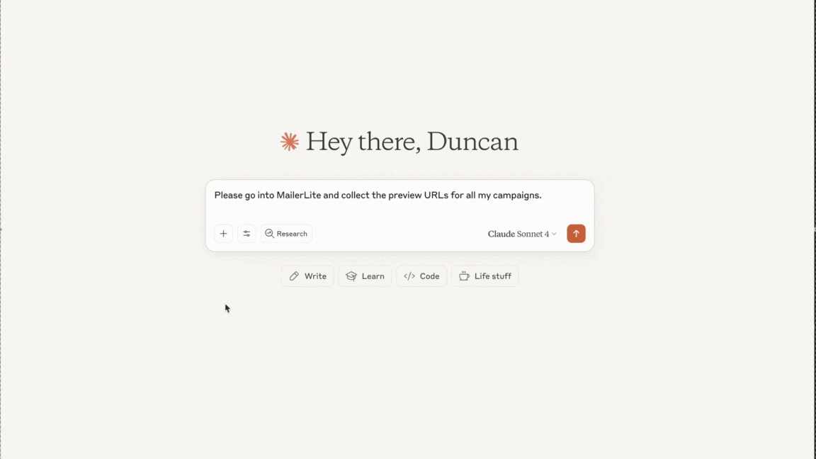 GIF przedstawiający proces korzystania z serwera MCP MailerLite w Claude w celu uzyskania adresów URL podglądu.