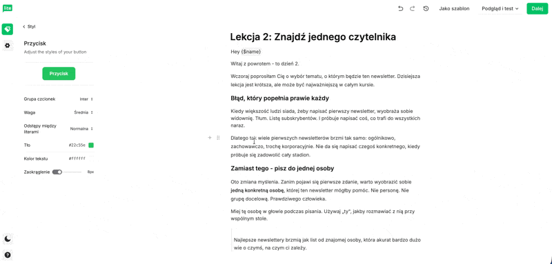 Nagranie ekranu tworzenia lekcji kursu w Prostym edytorze emaili
