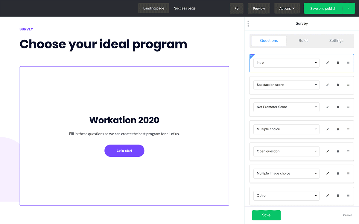 Landing page surveys