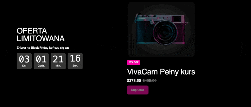 Gif prezentujący licznik czasu na landing page'u z okazji Black Friday