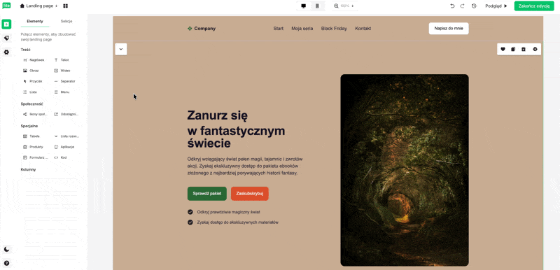 Gif prezentujący landing page wygenerowany przez AI w MailerLite