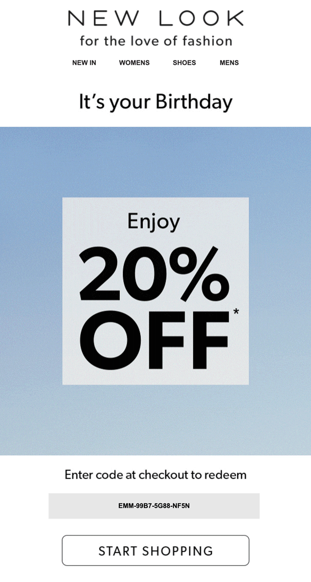 New Look discount birthday email