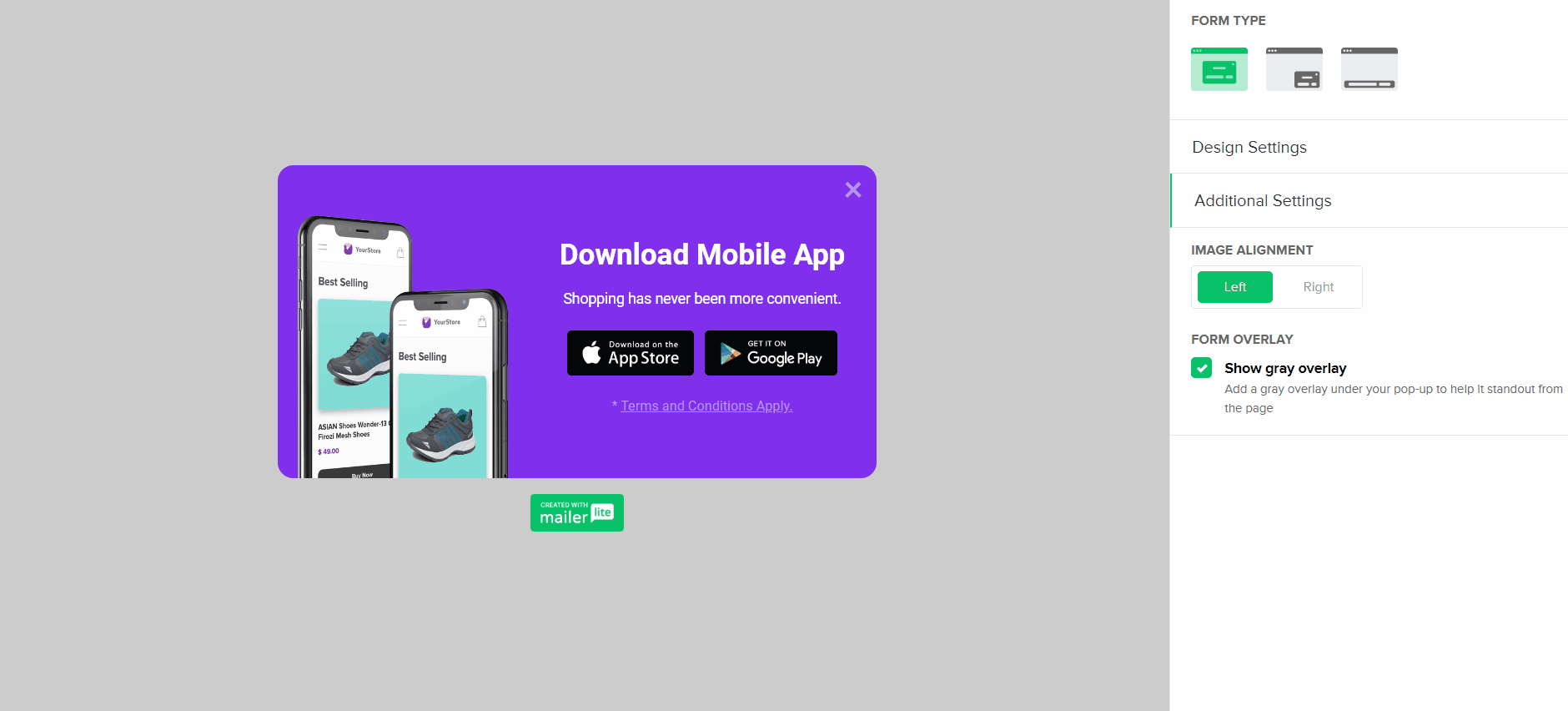 pop-up form position settings
