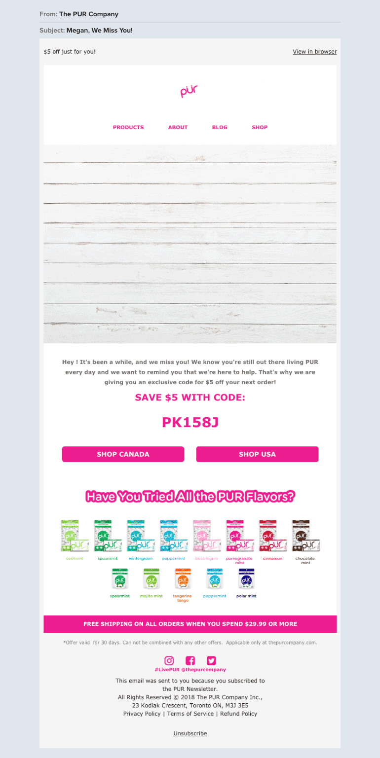 Ejemplo de newsletter por correo con gif animado de The PUR Company