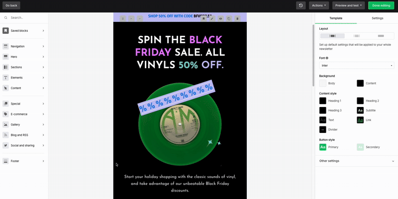 Editor de correos electrónicos de MailerLite con arrastrar y soltar