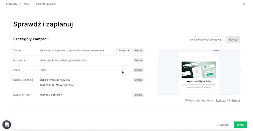 Gif przedstawiający proces planowania czasu wysłania e-maila przy użyciu funkcji Inteligentna wysyłka