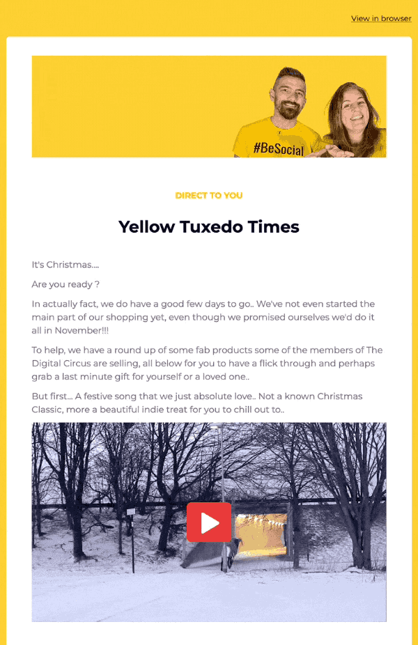Animated GIF screenshot of Yellow Tuxedo's Christmas newsletter.