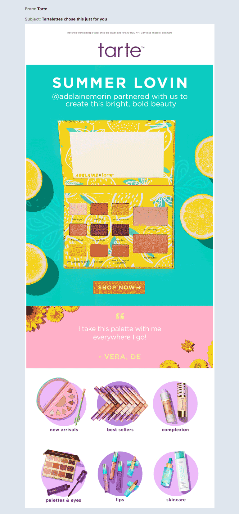 ejemplo de newsletter por correo electrónico para e-commerce de tarte beauty cosmetics gif