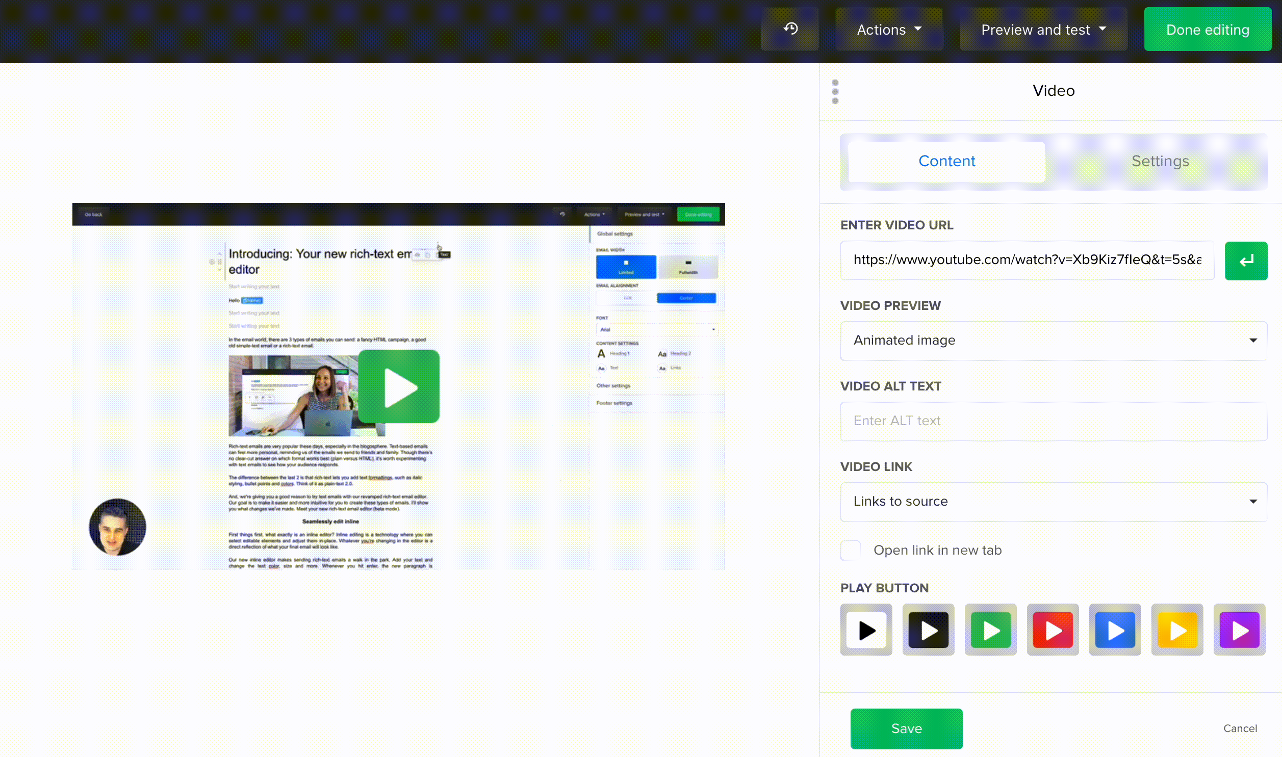 Video block in the rich-text editor