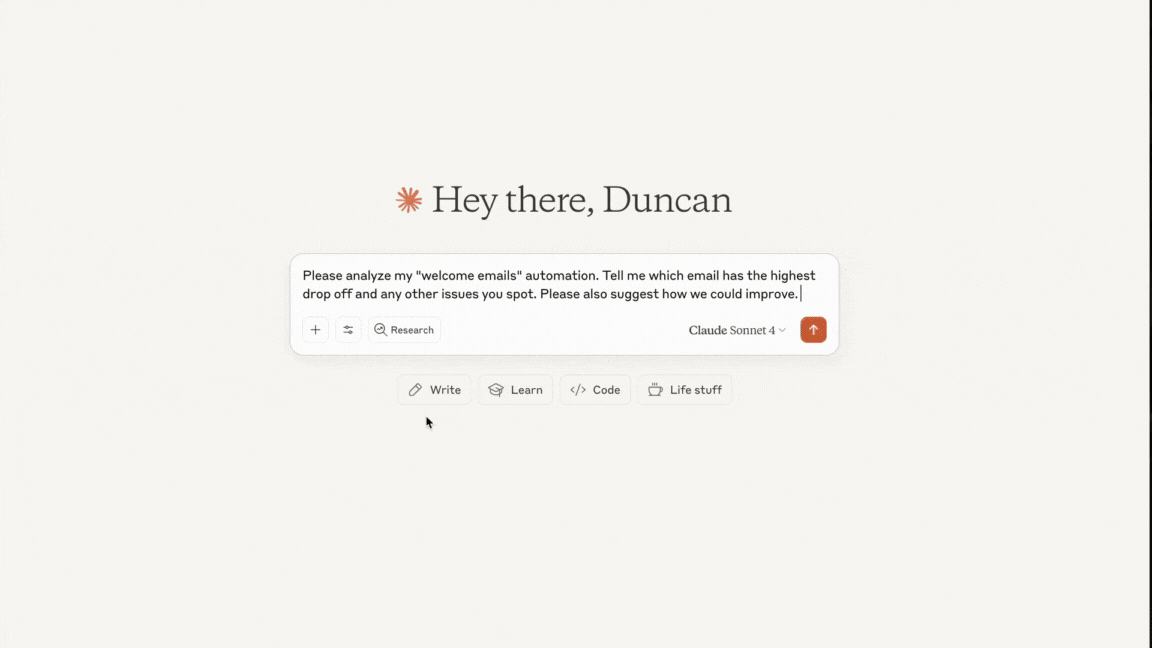 GIF przedstawiający proces wykorzystania serwera MCP MailerLite w Claude do analizy automatyzacji