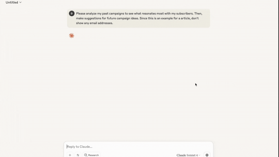 GIF showing the process of using the MailerLite MCP server in Claude to get content ideas
