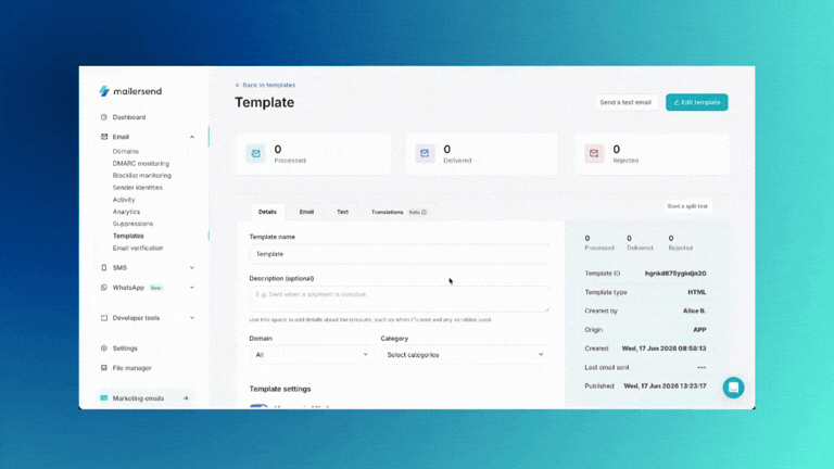 A GIF demonstrating how to create a template translation in MailerSend.