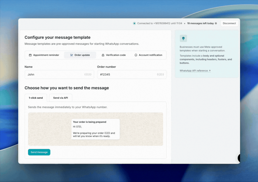 A GIF showing how to send a WhatsApp message via the 1-click method in the Sandbox.