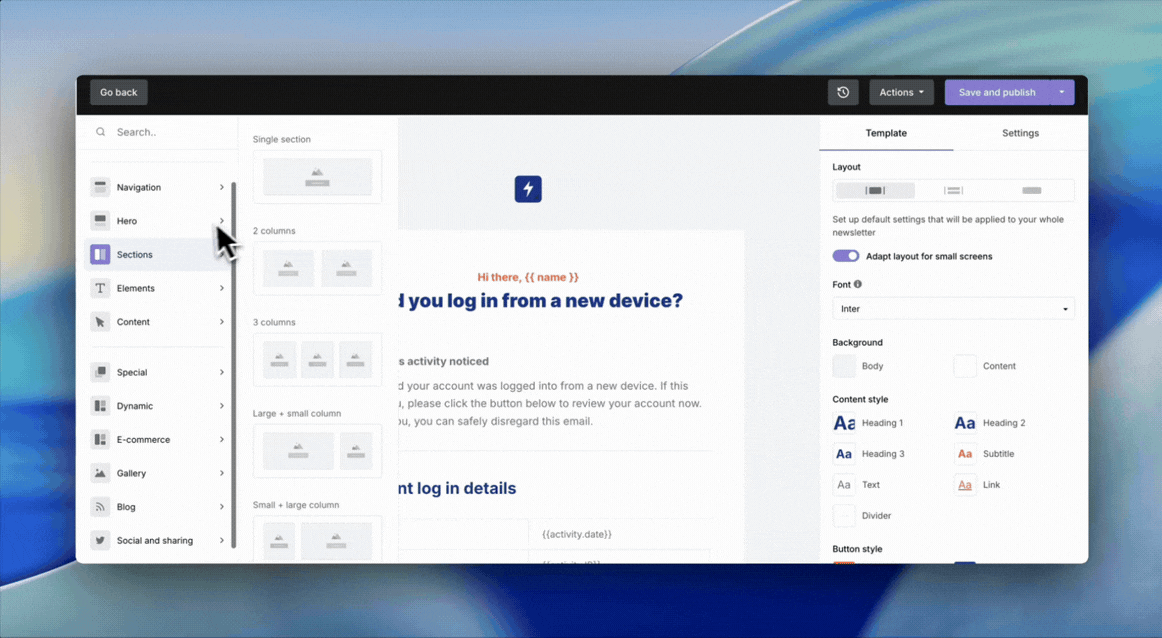 A GIF showing the MailerSend template builder and drag and drop functionality.