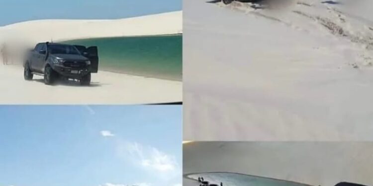 Veículos sem autorização flagrados com pessoas se arriscando nos Lençóis Maranhenses