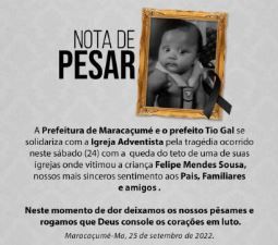 Teto de igreja desaba deixando 20 pessoas feridas e um bebê de 3 meses sem vida no MA