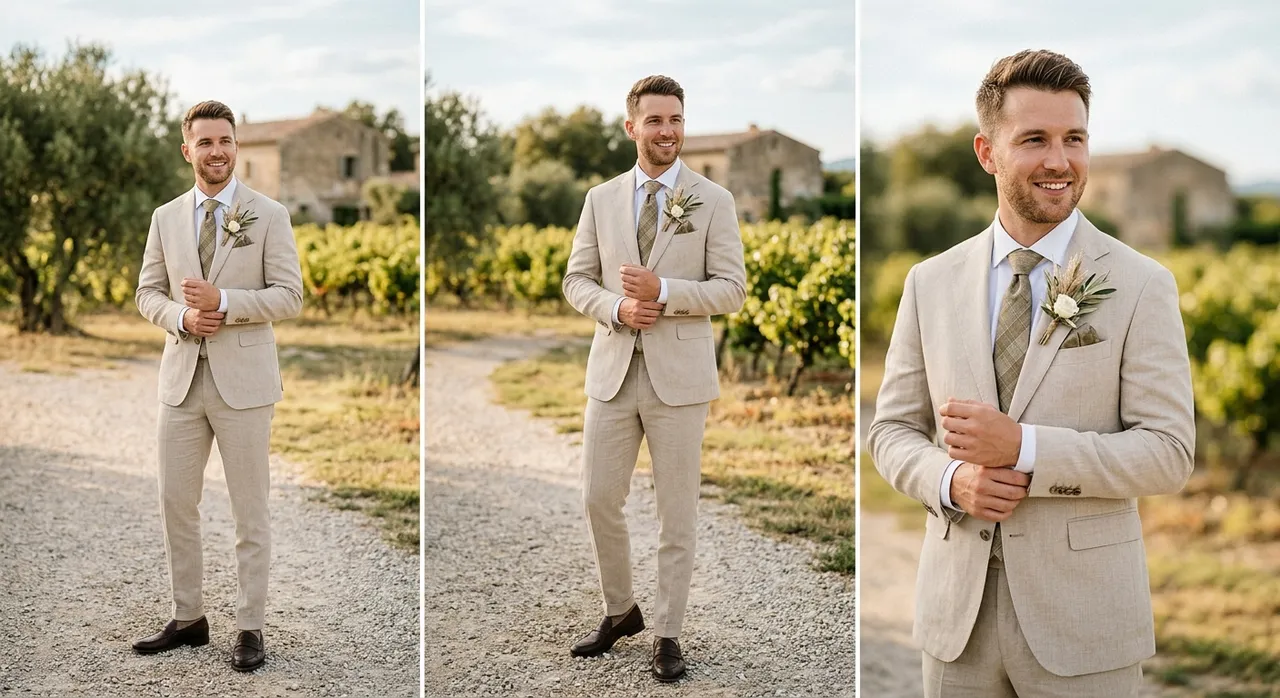 Costume de mariage beige : le choix de l'élégance naturelle