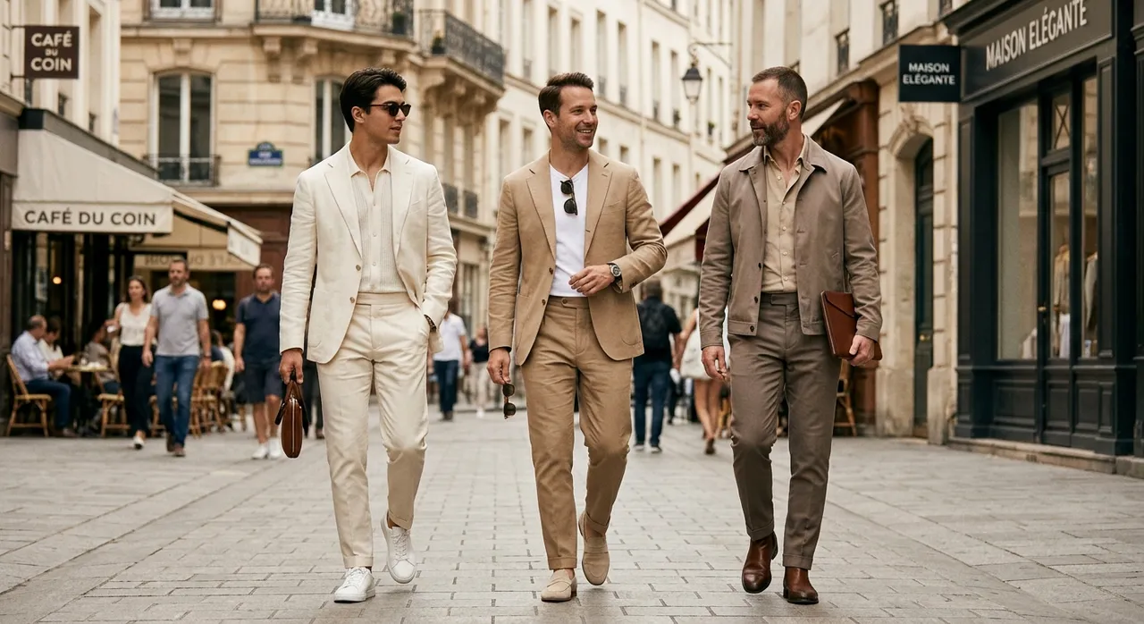 Tenues masculines aux nuances beige sable et taupe