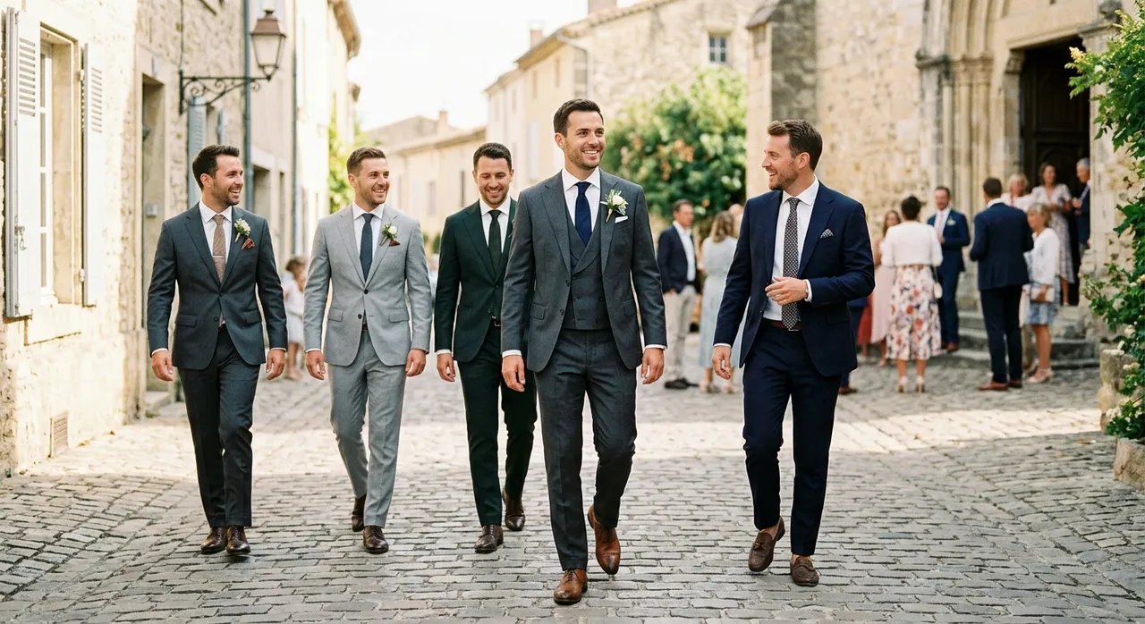 Cortège de mariage en costumes coordonnés gris et bleu, marié en trois-pièces – Maison Bleue Mulhouse