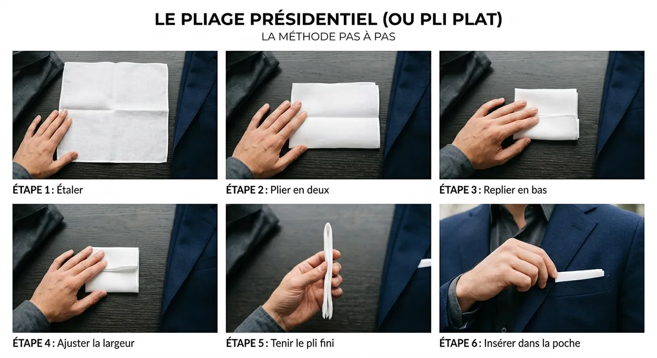 Pliage présidentiel d'une pochette de costume, étapes pas à pas – Maison Bleue Mulhouse