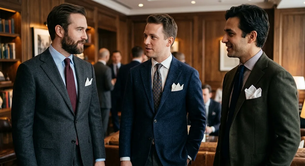 Hommes en costume portant des pochettes pliées en plusieurs pointes – Maison Bleue Mulhouse
