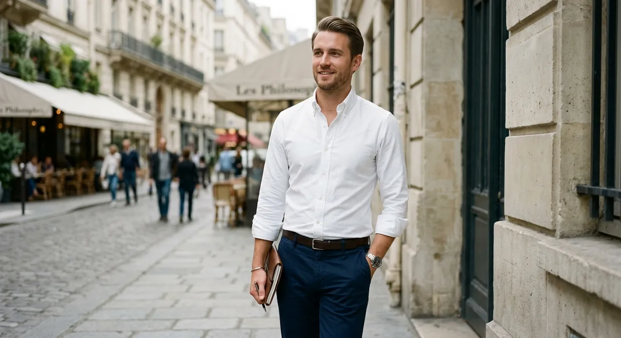 Homme en chemise blanche et pantalon bleu marine dans une rue, l'alliance intemporelle – Maison Bleue Mulhouse