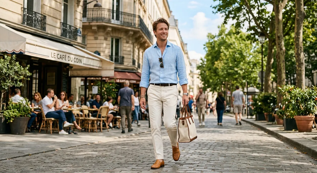 Homme en chemise bleu ciel et pantalon clair devant une terrasse de café – Maison Bleue Mulhouse