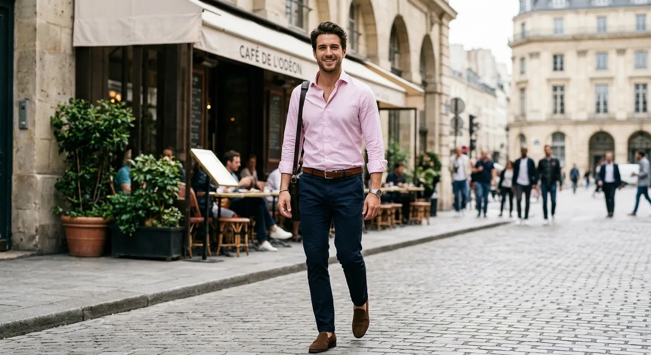 Homme en chemise rose pâle et pantalon bleu marine marchant devant un café – Maison Bleue Mulhouse
