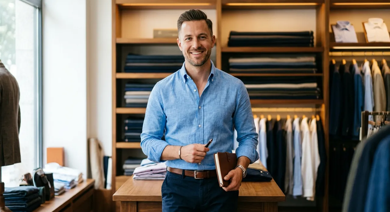 Homme souriant en chemise bleue devant un rayon de chemises en boutique – Maison Bleue Mulhouse