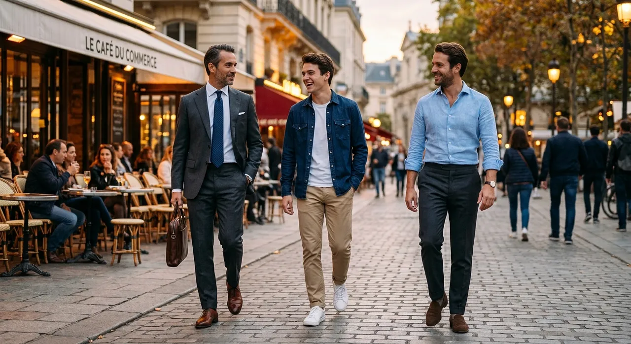 Trois hommes en tenues de chemise différentes selon l'occasion, du costume au casual – Maison Bleue Mulhouse