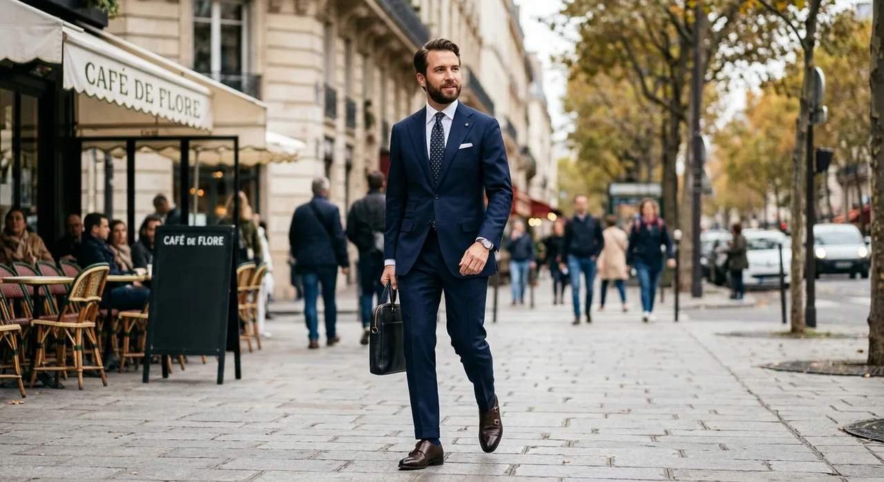 Homme en costume marine, cravate et pochette, mallette à la main – Maison Bleue Mulhouse