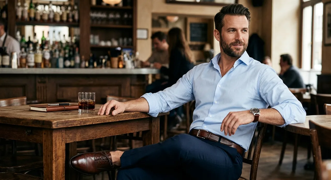 Homme assis en chemise bleu clair, ceinture et chaussures marron assorties – Maison Bleue Mulhouse