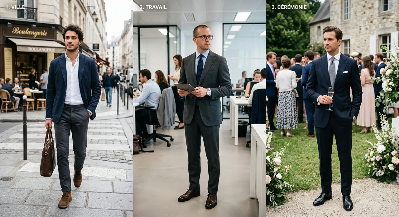 Trois silhouettes en costume pour la ville, le travail et la cérémonie – Maison Bleue Mulhouse