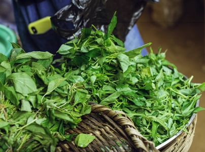 Un panier remplis de feuilles d'adémè au marché