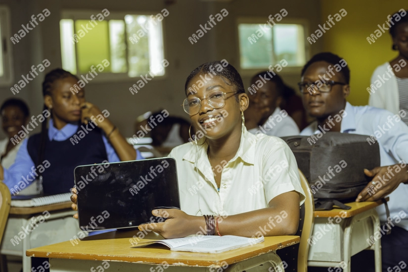 Etudiante souriante  tenant une tablette en classe