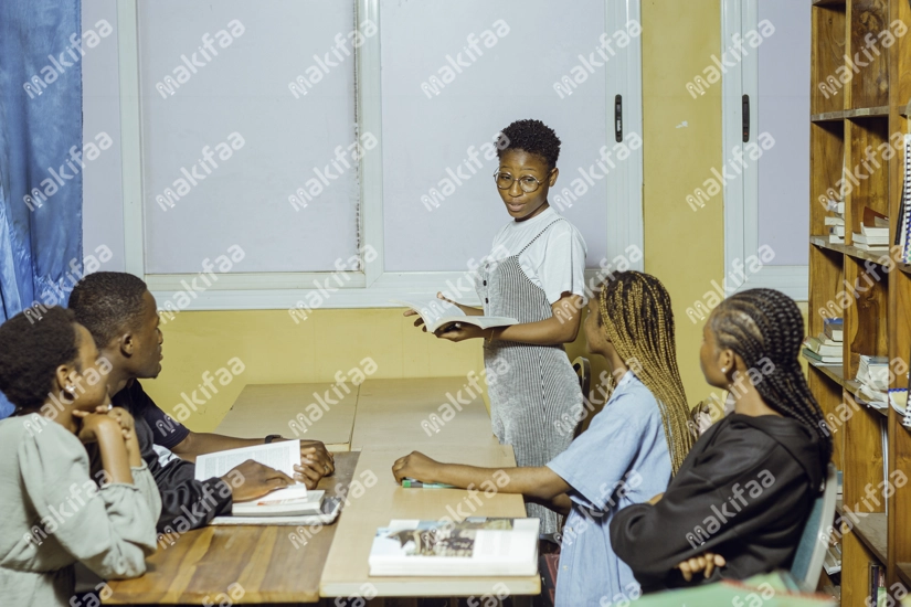 Une étudiante debout dans la bibliothèque faisant la lecture  à ses camarades