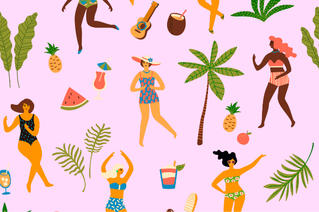 Several illustrated women dancing in swimsuits with fruit and tropical plants.